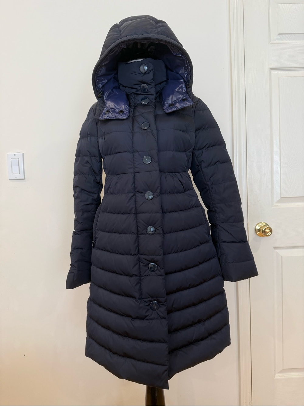 Moncler Women's Long Hooded Down Puffer Coat - Navy